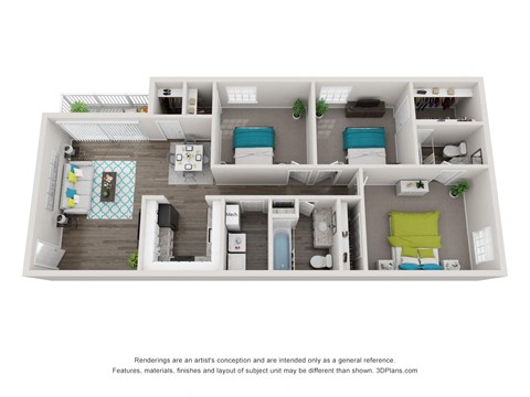 Floor plan for 3 beds, 2 baths, 1109 sqft